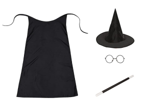 ZESTAW HARRY POTTER CZARNY PELERYNA 90cm 4el