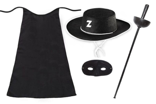 ZESTAW ZORRO CZARNY PELERYNA 90cm 4el