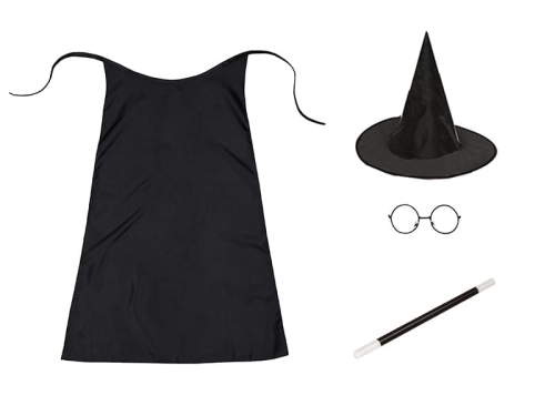 ZESTAW HARRY POTTER CZARNY PELERYNA 75cm 4el