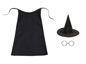 ZESTAW HARRY POTTER CZARNY PELERYNA 75cm 3el