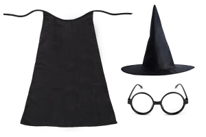 ZESTAW HARRY POTTER CZARNY PELERYNA 75cm 3el