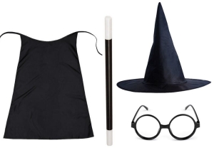 ZESTAW HARRY POTTER CZARNY PELERYNA 55cm 4el