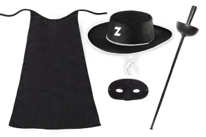 ZESTAW ZORRO CZARNY PELERYNA 75cm 4el