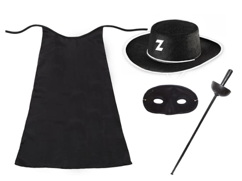 ZESTAW ZORRO CZARNY PELERYNA 90cm 4el