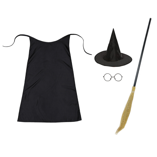 ZESTAW HARRY POTTER CZARNY PELERYNA 90cm 4el