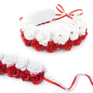 WIANEK OPASKA KWIATY RÓŻYCZKI SZEROKI BIAŁO-CZERWONY