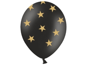 BALON CZARNY GWIAZDKI ZŁOTE 30cm 1szt